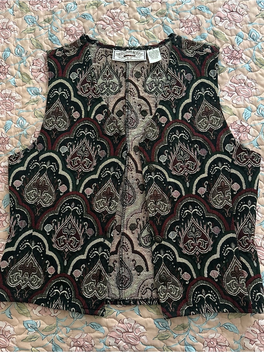 Vintage 90s Rhythm Blue Boho Green Burgundy & Pink Tapestry Women’s Vest